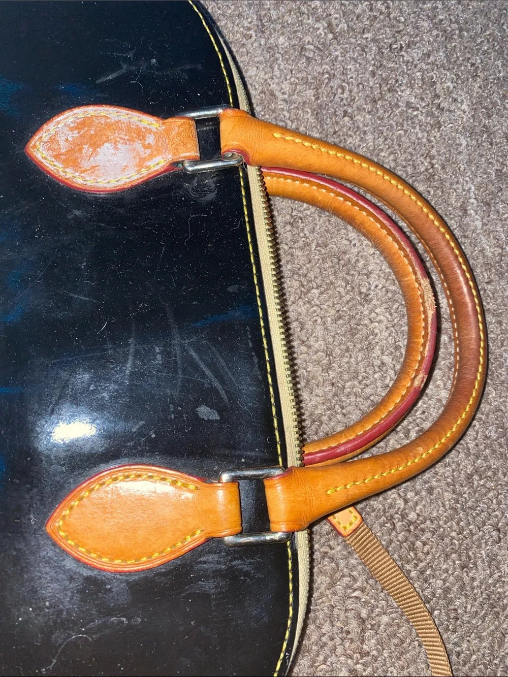 Dooney & Bourke Black Patent Satchel with Tan Leather Trim
